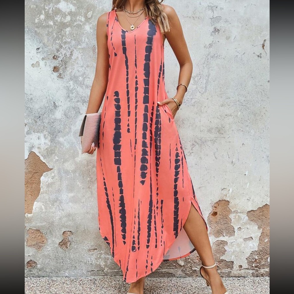 Boho Tie Dye Print Pocket Asymmetrical Hem Pocket Maxi Dress